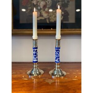 Vintage‎ Blue White Chinoiserie Candlesticks • Brass Candle Holder Pair
